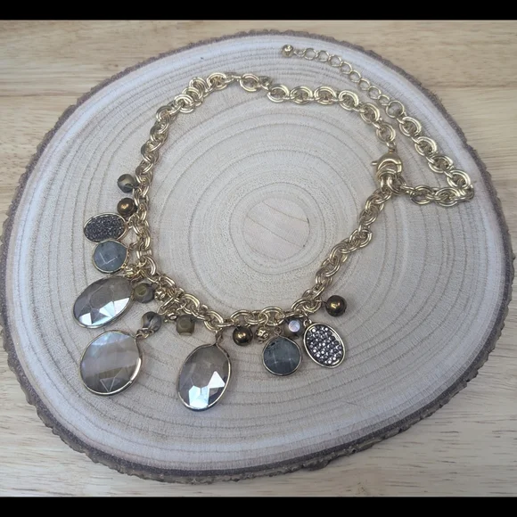 Gold Tone Agate Statement Necklace Stone Drop Collar Necklace Adjustable 16–20" - Picture 5 of 5